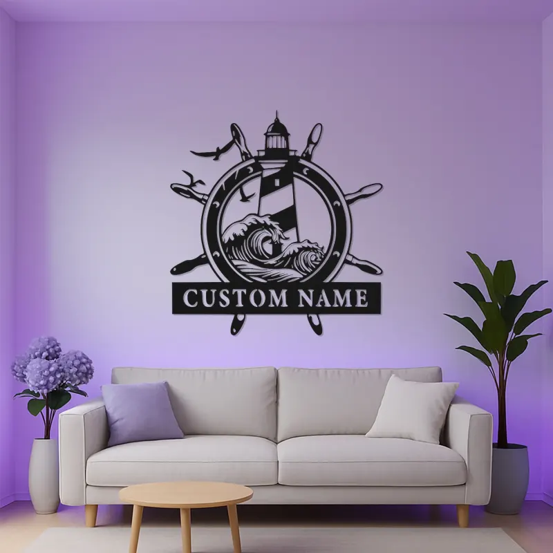 Custom Lighthouse Wall Art | Personalized LED Metal Sign with Nautical Waves | Beach House Decor & Sailor Gift