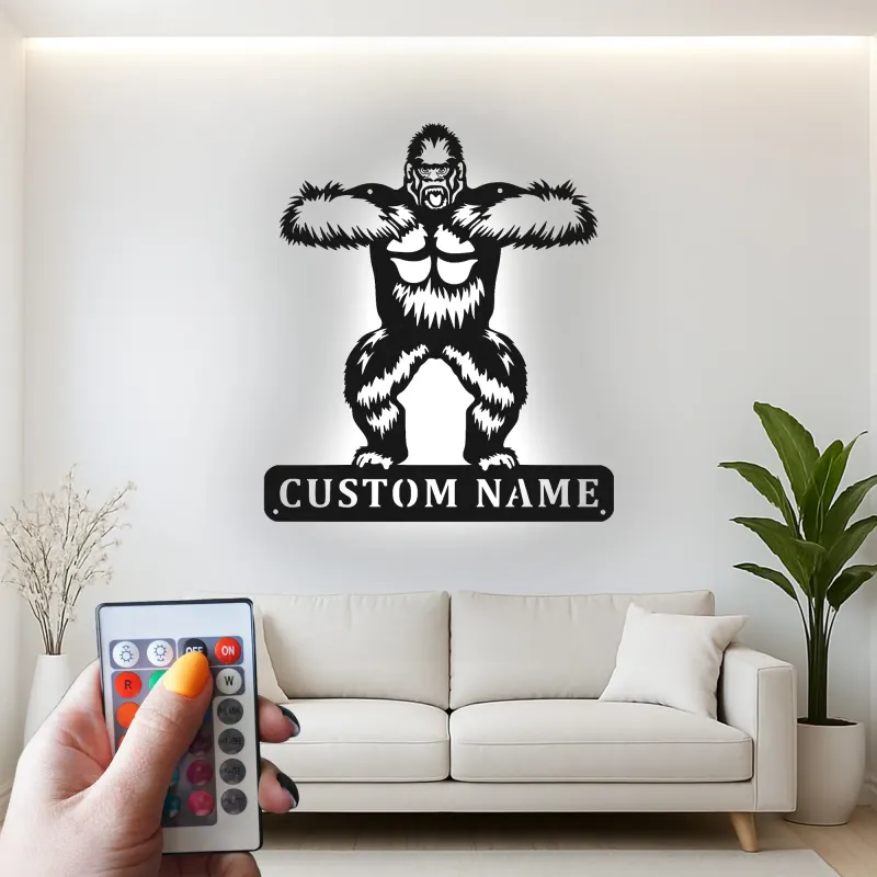 Personalisiertes Gorilla-Metallschild | Individuelle LED-Wandkunst | Man Cave Dekor & Geschenk für Tierliebhaber | Gym Namensschild