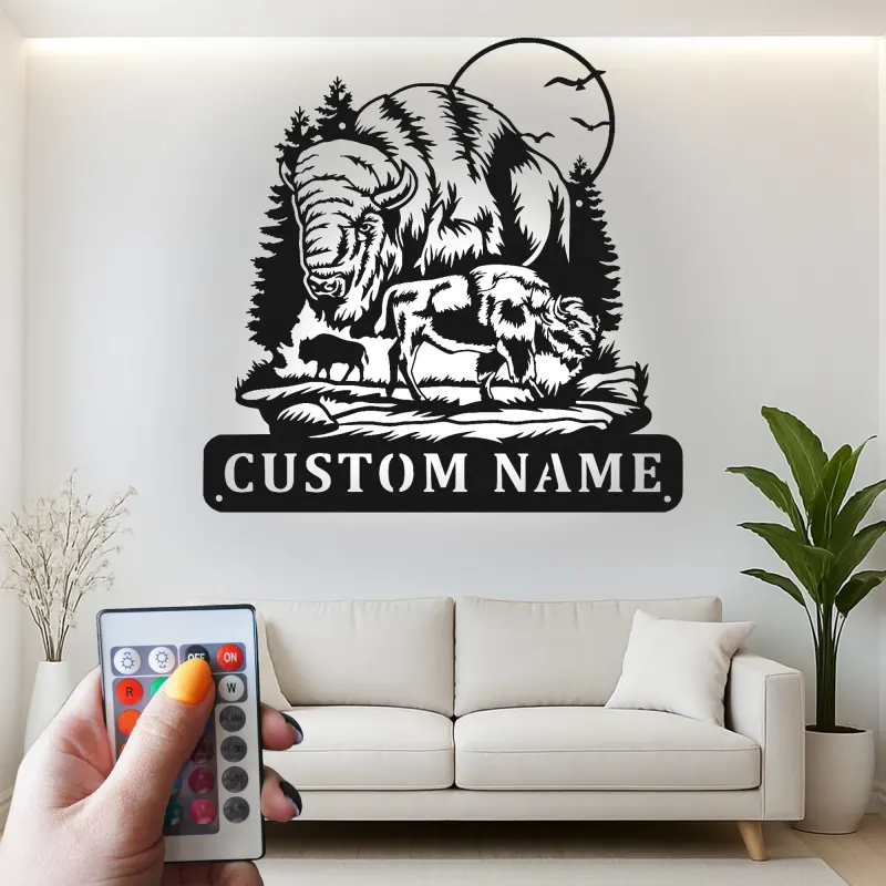 Décoration murale en métal personnalisée avec bison et forêt en rétroéclairage LED - Cadeau faune rustique pour cabane