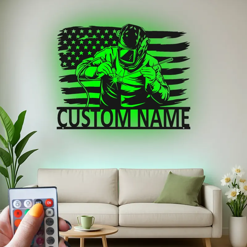Insegna in metallo personalizzata con saldatore e bandiera americana retroilluminata, regalo personalizzato per officine o garage di saldatori