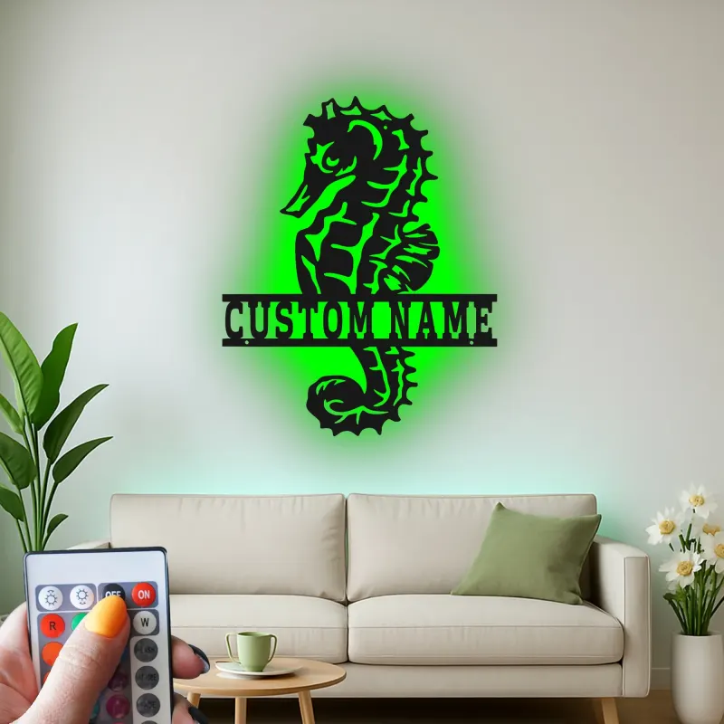 Cartel de metal personalizado de caballito de mar con LED | Arte mural náutico personalizado | Regalo de decoración para casa de playa y hogar costero