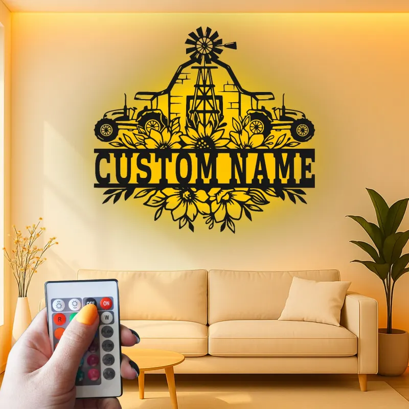 Personalized Tractor Metal Sign with LED | Custom Family Name Art | Farmhouse Living Room Decor | Rustic Farmer Gift
