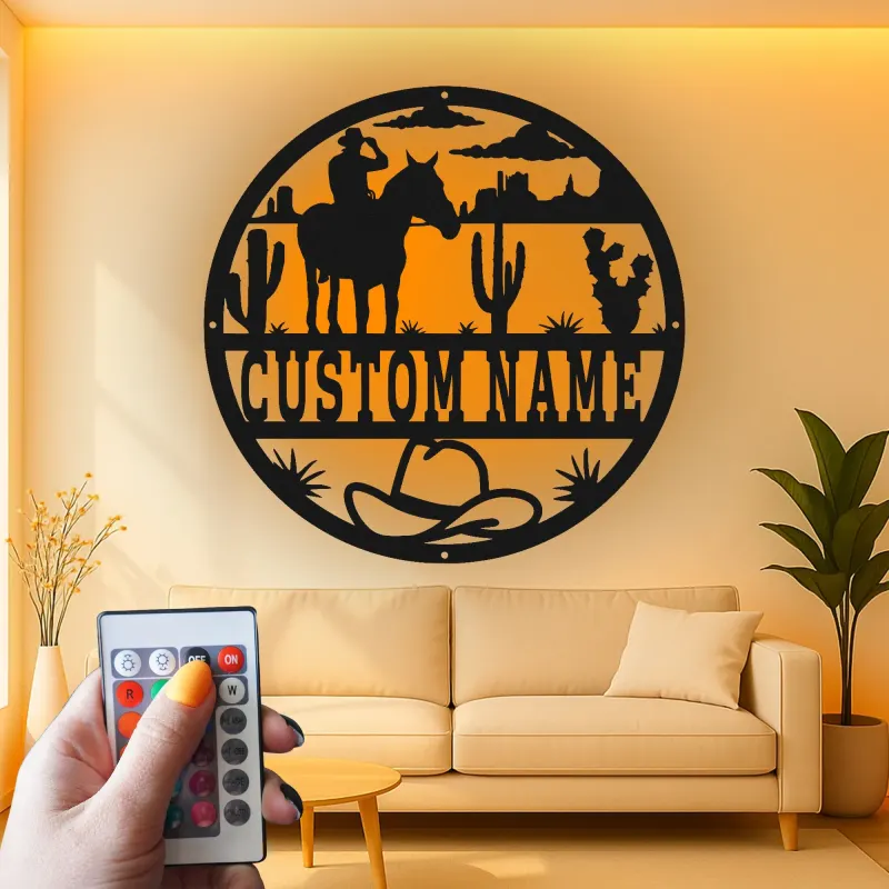 Cartel de metal LED personalizado de vaquero y caballo, regalo western para él, decoración rústica para rancho 3