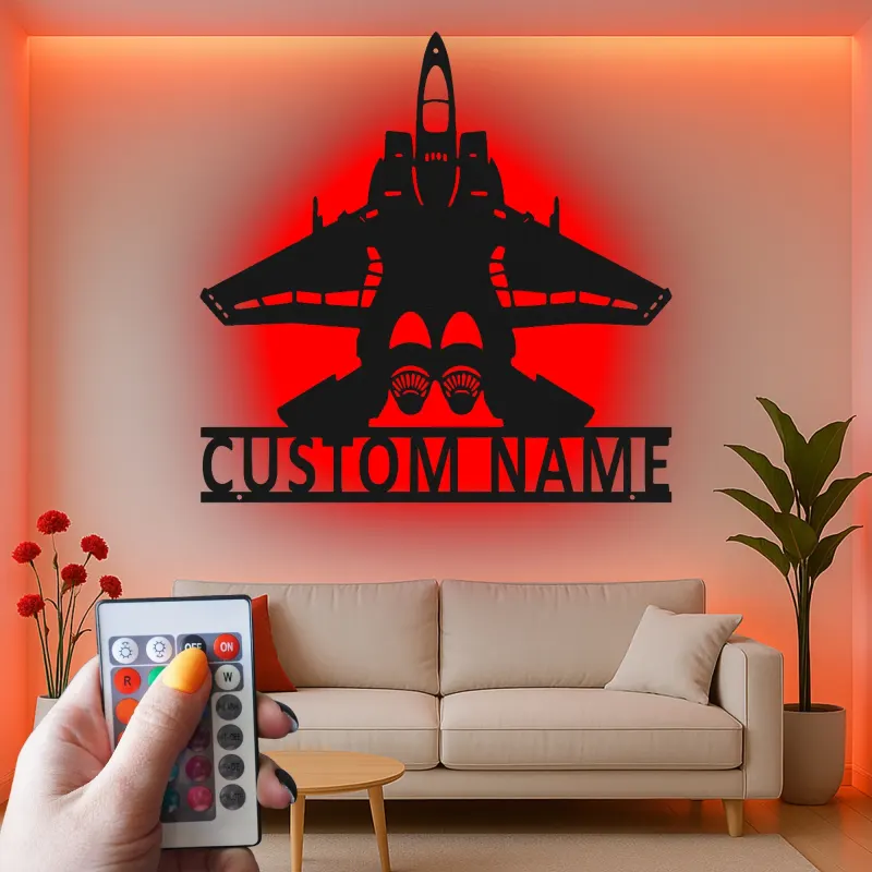 Plaque LED personnalisée avion de chasse en métal | Décoration murale personnalisée | Cadeau pour pilote militaire | Déco avion pour man cave