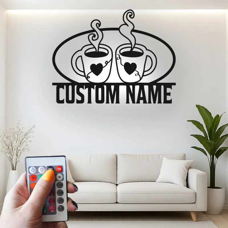 Cartel de metal personalizado con luz LED para pareja de tazas de café, regalo personalizado para cocina o decoración de café