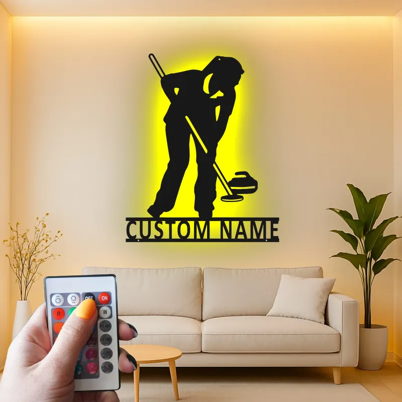 Insegna in metallo con giocatore di curling e luce LED - Regalo sportivo per appassionati di curling - Decorazione per sala giochi