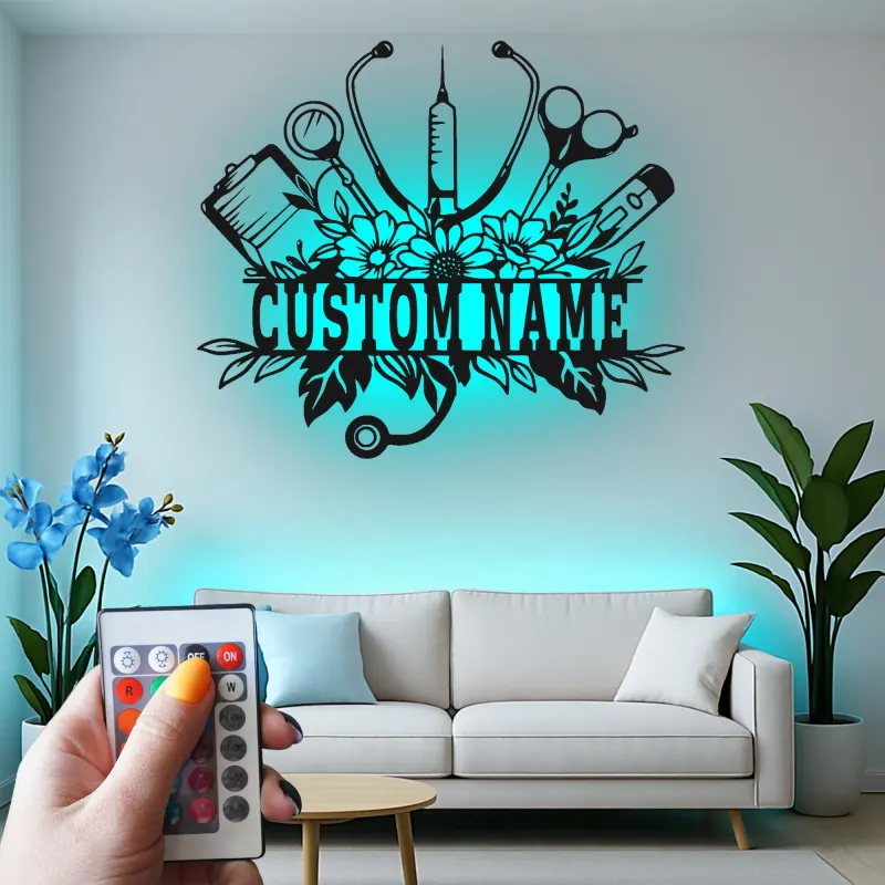 Personalized Nurse Gift | Custom Name LED Metal Sign for Clinic Decor | Floral Medical Wall Art | Nurse Graduation Gift