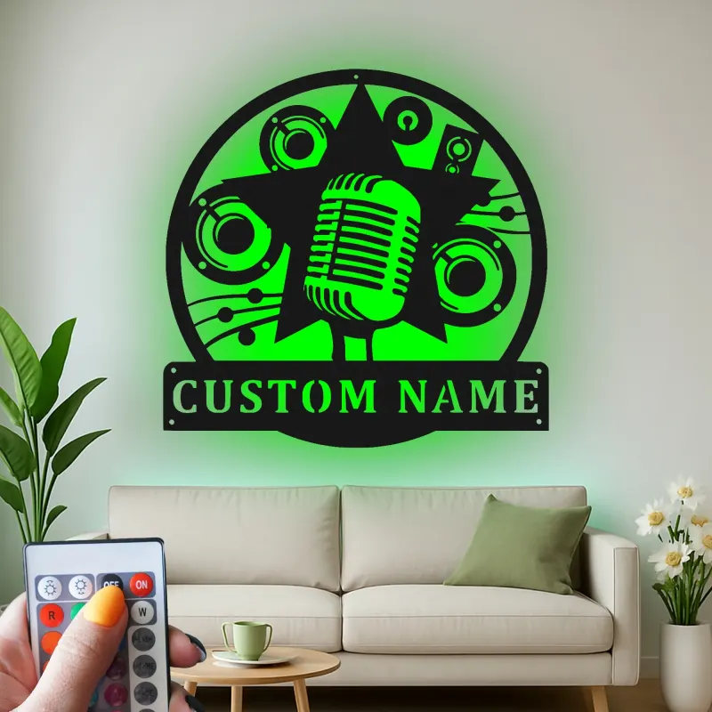 Cartel LED Personalizado de Micrófono | Arte Mural de Metal para Decoración de Estudio de Música | Placa de Nombre Personalizada para Músicos y Cantantes