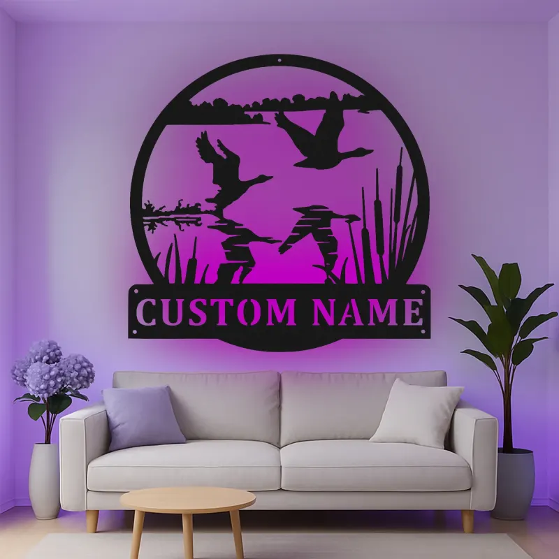 Personalisierte LED-Metall-Wandkunst mit Entenjagd-Szene – Geschenk für Jäger, Hütte oder Männerhöhle