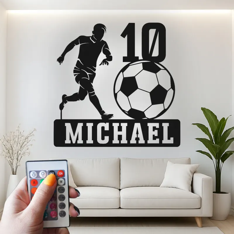 Personalized Soccer Player Light | Custom Metal Wall Art | LED Name Sign for Kids Room | Teen Athlete Gift