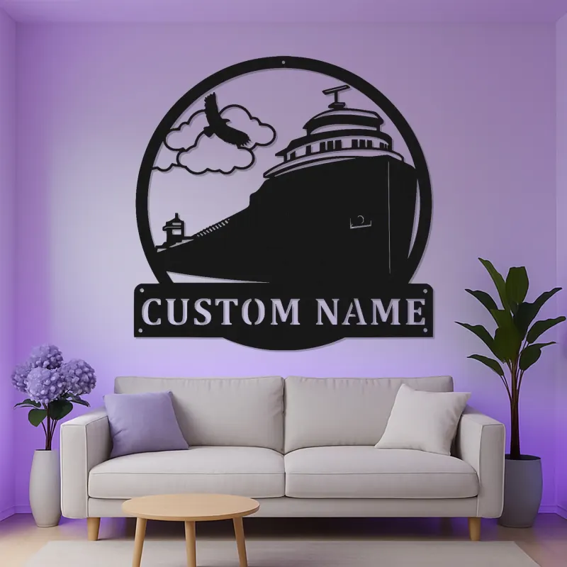 Insegna in Metallo Personalizzata con Nave da Crociera | Arte Murale Nautica LED | Regalo Personalizzato per Capitano | Decorazione da Viaggio Oceanico