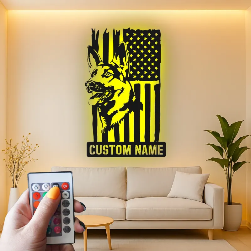 Arte murale LED in metallo con Pastore Tedesco | Insegna personalizzata con nome del cane | Decorazione patriottica con bandiera americana per casa o ufficio