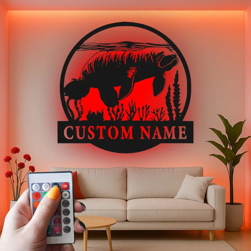 Arte mural de metal de manatí con LED | Cartel de nombre de vaca marina personalizado | Decoración náutica para casa de playa | Regalo de manatí de Florida