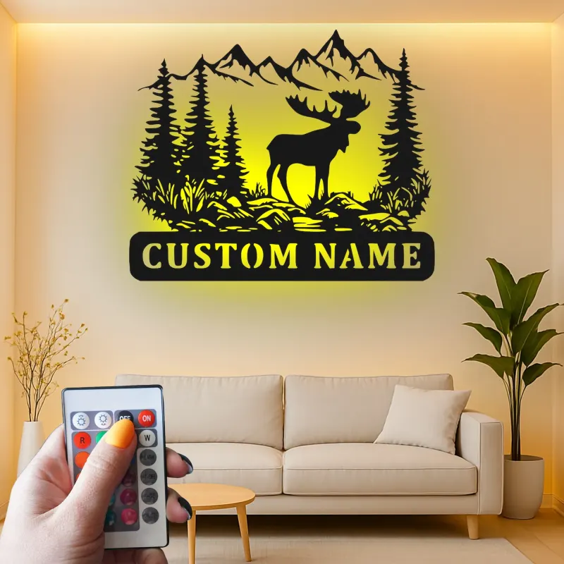 Custom Moose Mountain Scene Led Light Metal Wall Art Personalized Nature Gift for Outdoorsman Cabin Decor