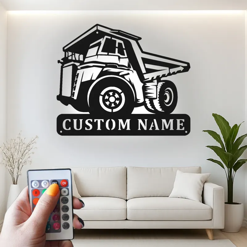 Insegna in metallo LED a forma di camion ribaltabile personalizzata - Regalo per appassionati di costruzione - Decorazione per garage o ufficio