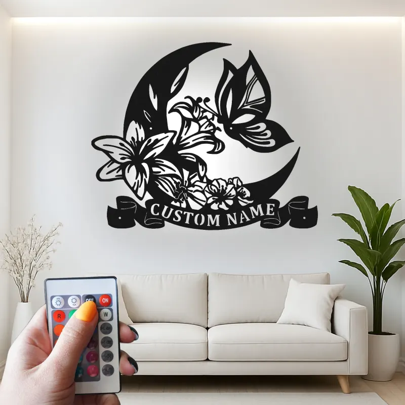 Insegna in metallo LED personalizzata con luna e farfalla - Regalo per lei, decorazione per camera da letto o nursery