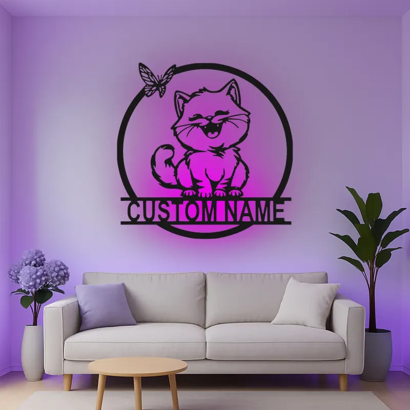 Custom Cat and Butterfly Led Light Metal Wall Art Personalized Gift for Cat Lovers Bedroom or Living Room Decor