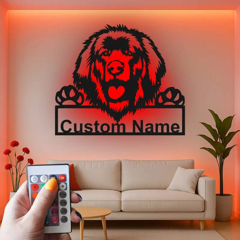 Cartel de metal personalizado con luz LED de perro de Terranova, regalo para padres de mascotas, decoración de salón o entrada 1