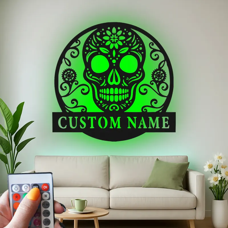 Sugar Skull LED Metal Wall Art | Personalized Day of the Dead Sign | Custom Name Gothic Decor for Home & Studio | Laser-Cut Metal