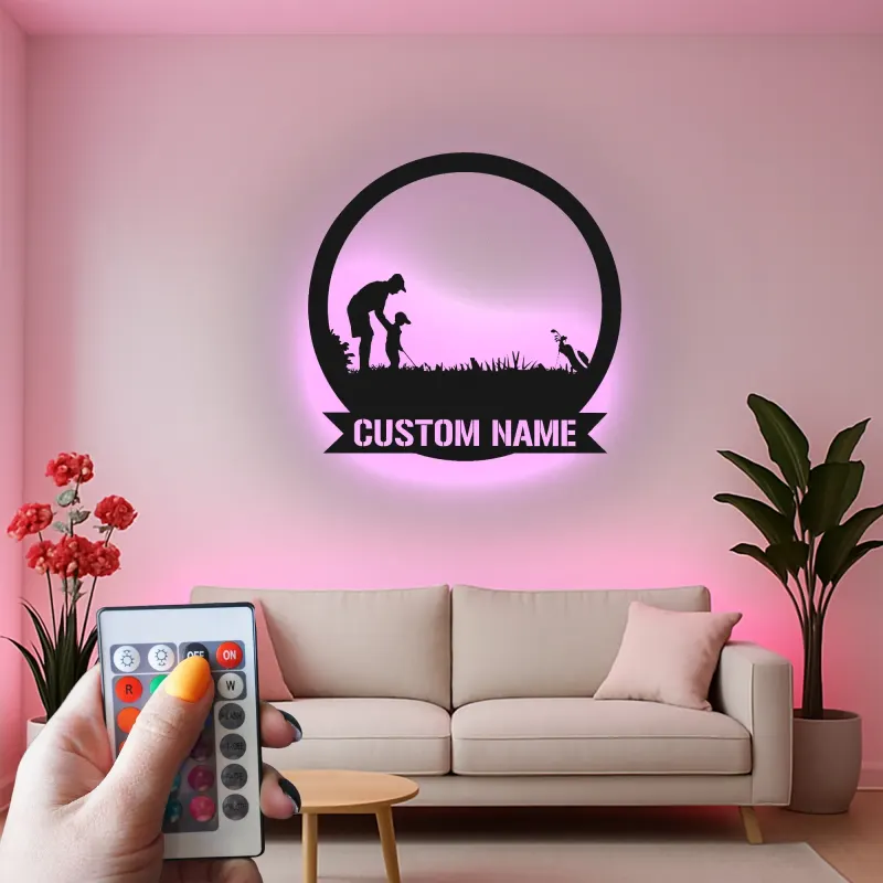 Arte da parete LED in metallo da golf personalizzata | Insegna personalizzata padre e figlio | Regalo per papà golfista | Decorazione man cave e home bar