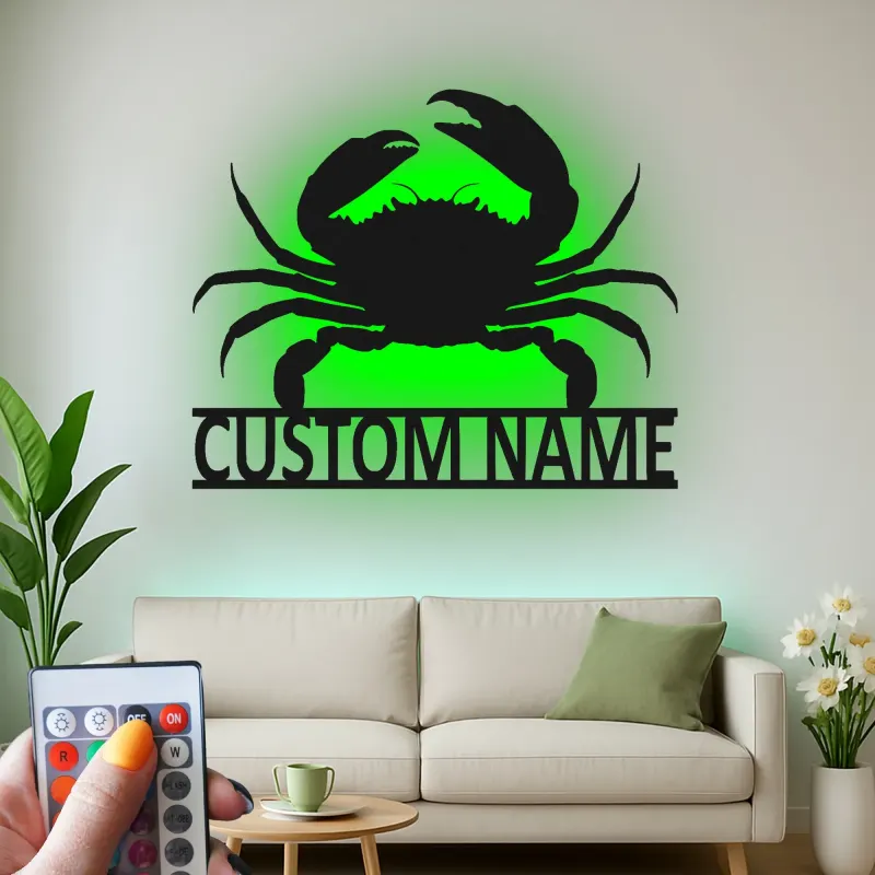 Cartel de metal personalizado de cangrejo con luz LED, regalo costero, decoración de casa de playa para amantes del océano