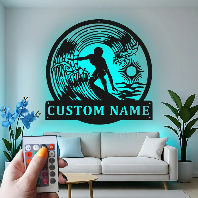 Personalized Surfer Light Metal Wall Art | Custom Name Sign for Beach House Decor | Coastal Surfing Gift