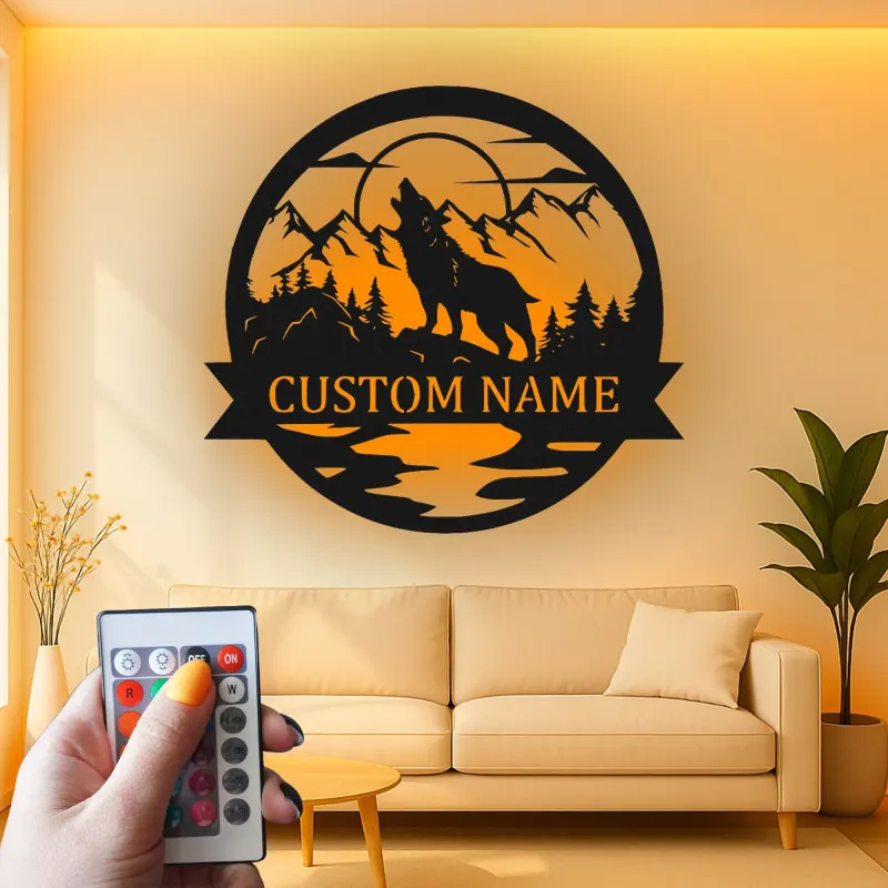 Personalisierte Wolf Heulende Bergszene LED Metall-Wandkunst Geschenk für Naturfreunde Cabin oder Lodge Dekor