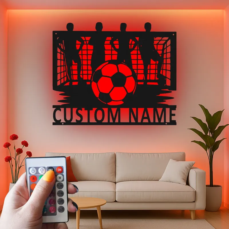 Arte mural de metal personalizado de fútbol | Cartel LED con nombre personalizado para habitación de chicos | Regalo para jugador de fútbol | Decoración mural deportiva