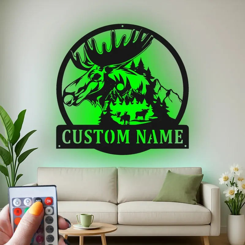 Letrero de metal personalizado con alce y LED | Arte mural personalizado de fauna salvaje | Decoración rústica para cabaña y refugio