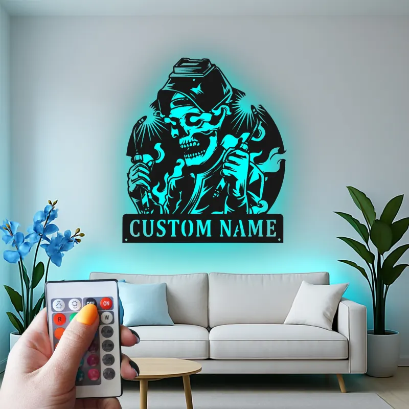 Personalisierte LED-Schädel Metall-Wandkunst – Einzigartiges Geschenk für Schweißer