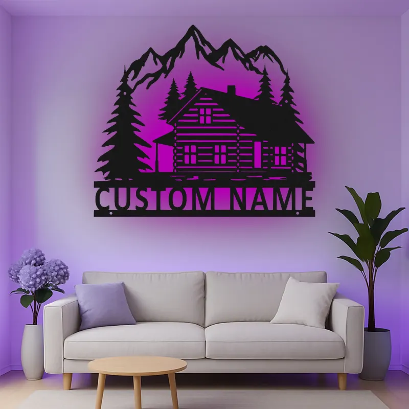 Custom Mountain Cabin Led Light Metal Wall Art Personalized Housewarming Gift Rustic Living Room Decor