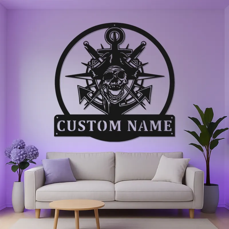 Insegna LED Teschio Pirata con Ancora | Arte Murale Nautica con Nome Personalizzato | Regalo Personalizzato per Marinai per Man Cave e Bar di Casa
