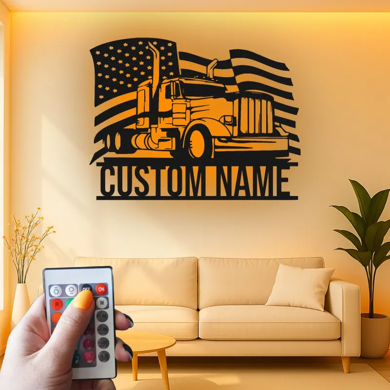 Personalized Semi Truck Metal Art | LED American Flag Sign | Patriotic Trucker Decor & Gift for Man Cave | Laser Cut Steel