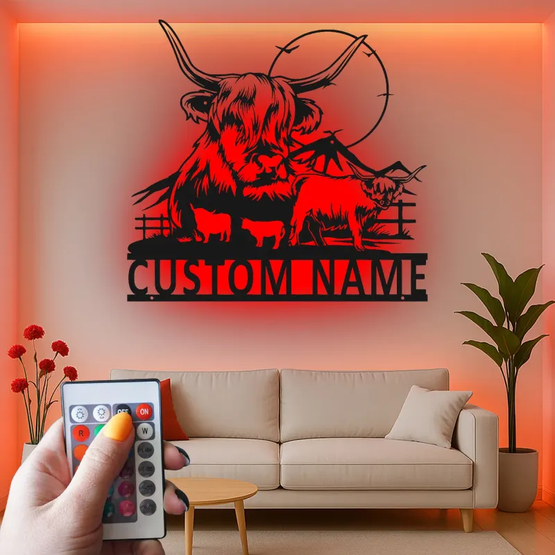 Arte mural de metal LED de vaca Highland | Cartel personalizado para rancho | Decoración rústica personalizada para amantes del ganado | Placa familiar rústica