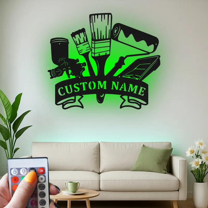 Personalized Painter Tools Sign | LED Metal Wall Art for Paint Shop | Custom Name Decor for Painting Contractor Gift