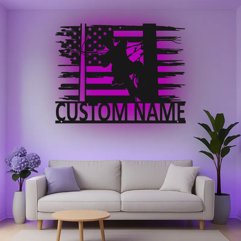 Décoration murale en métal personnalisée avec drapeau américain et rétroéclairage pour électriciens