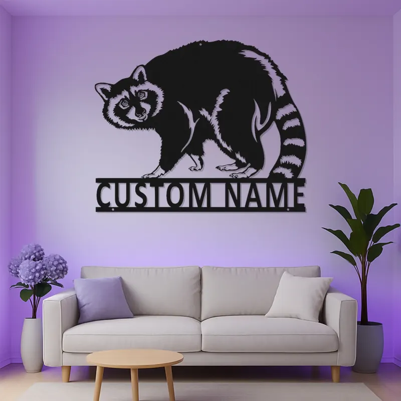 Insegna in Metallo Personalizzata con Procione e LED | Arte Murale Faunistica Personalizzata | Regalo per Amanti della Natura per Decorazioni di Cabin e Lodge