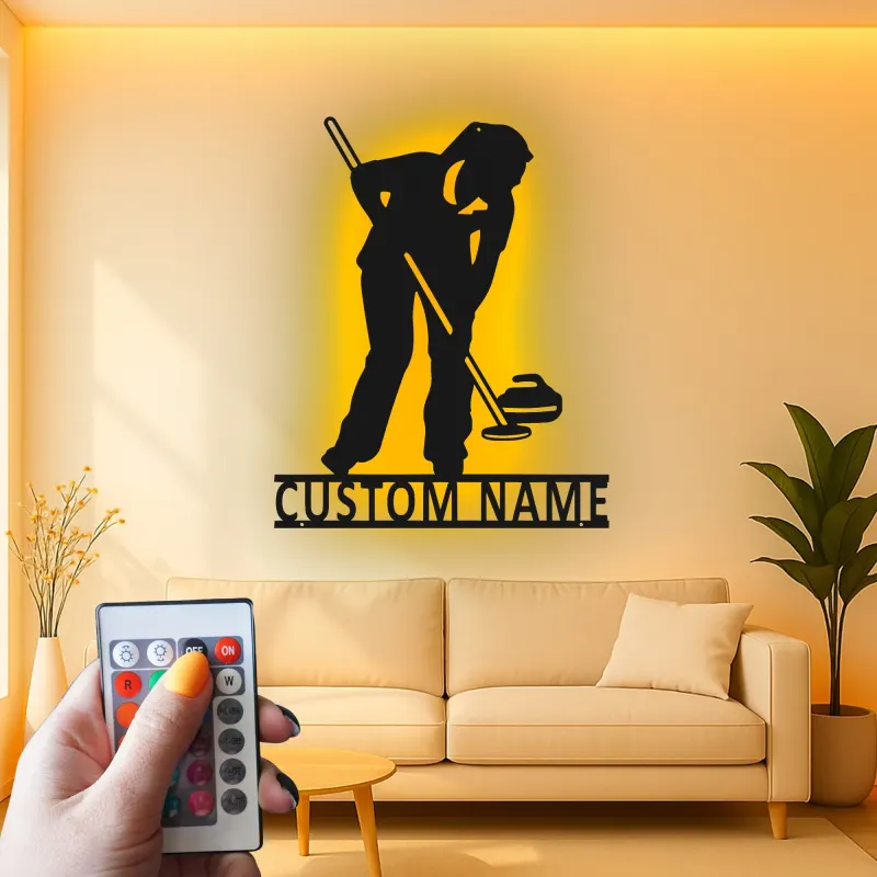 Insegna in metallo con giocatore di curling e luce LED - Regalo sportivo per appassionati di curling - Decorazione per sala giochi