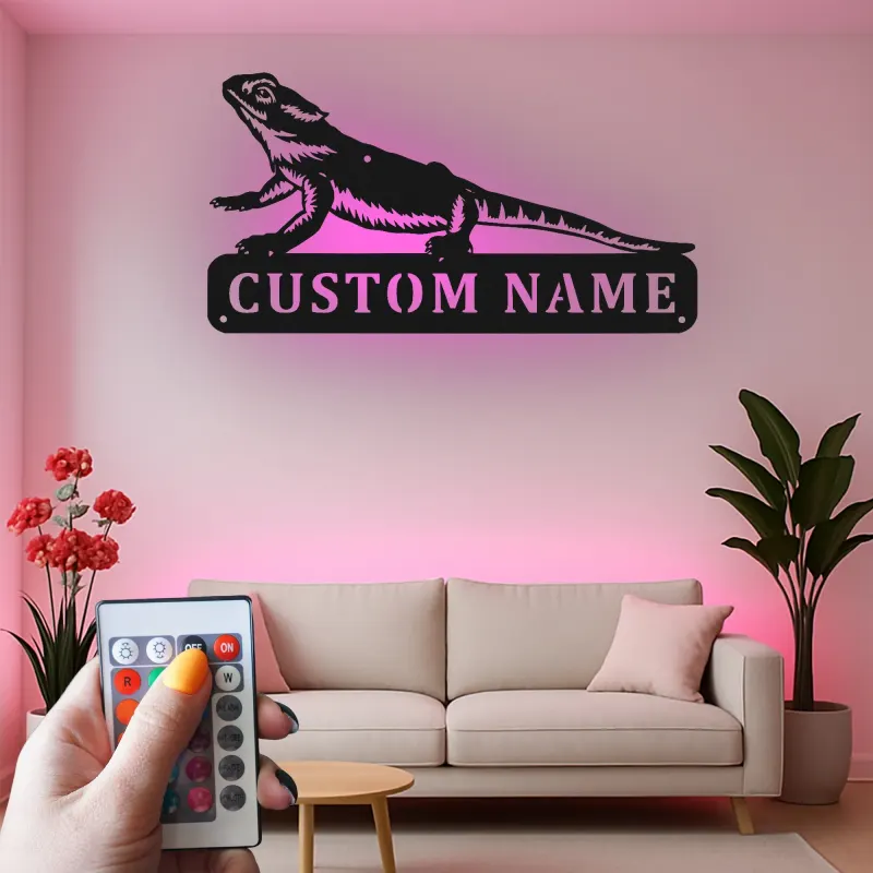 Insegna in metallo personalizzata con drago barbuto e luce LED regalo per amanti degli animali decorazione per stanza rettile