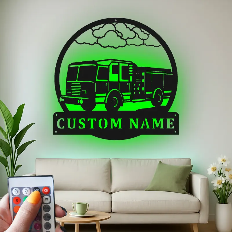 Personalized Fire Truck LED Sign | Custom Firefighter Gift | Metal Wall Art for Fire Station Decor