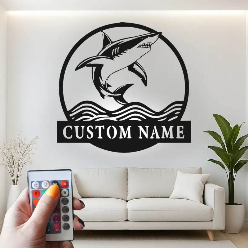 Enseigne en métal requin blanc personnalisée | Décoration murale LED prédateur des océans | Décor de maison de plage personnalisé pour passionnés de requins
