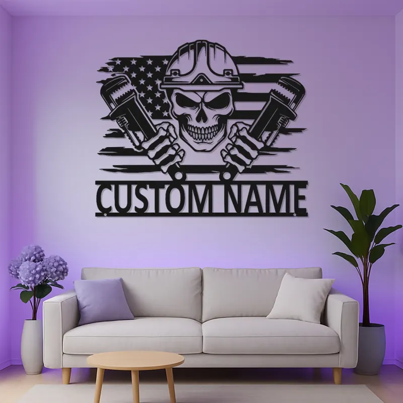 Custom Plumber Skull Metal Sign | LED Light Wall Art with American Flag | Personalized Gift for Plumbers, Workshop, or Garage Decor