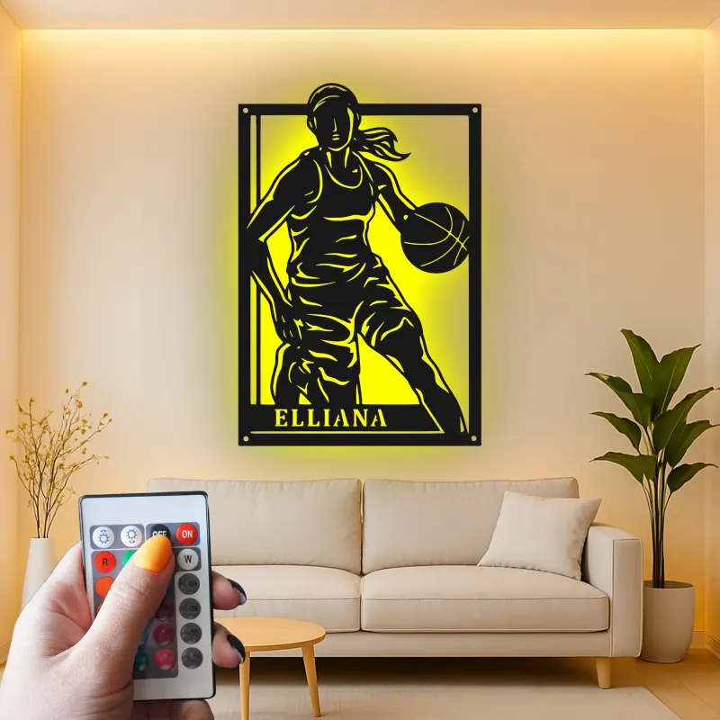 Custom Female Basketball Player Led Light Metal Wall Art Personalized Athlete Gift Game Room Sports Decor