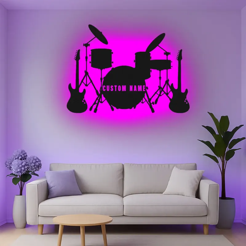 Custom Drum Set Led Light Metal Wall Art Personalized Musician Gift Studio or Music Room Decor 2