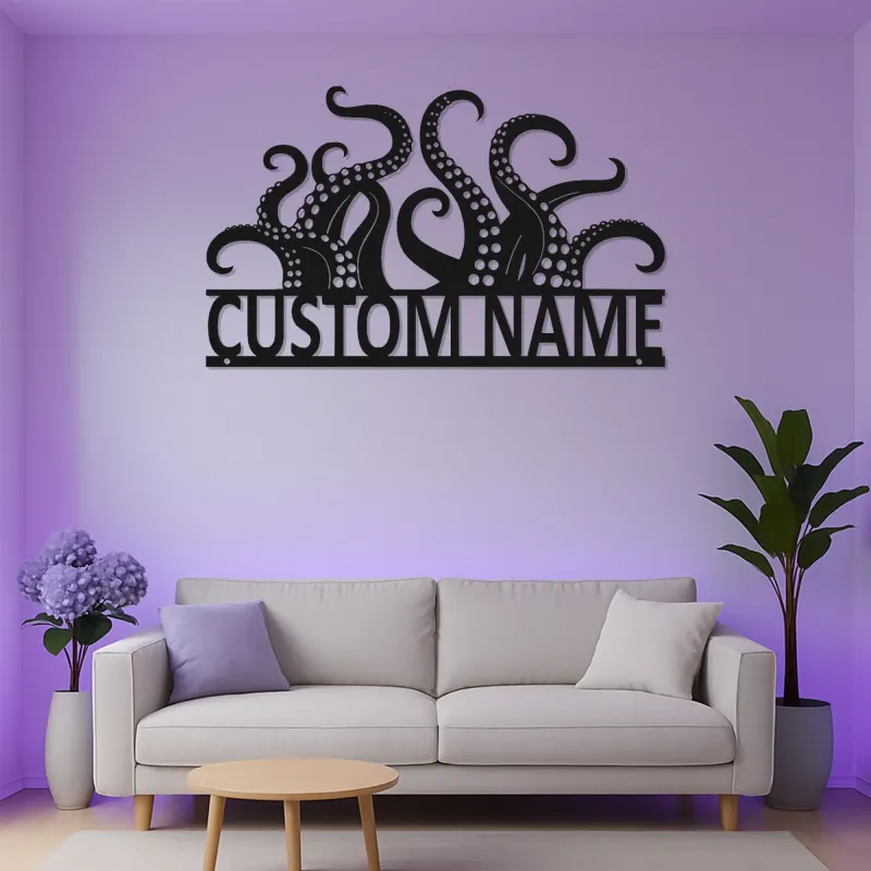 Cartel LED personalizado de tentáculos de pulpo | Arte de metal con nombre personalizado | Decoración náutica para negocios y hogar costero | Regalo para amantes del mar