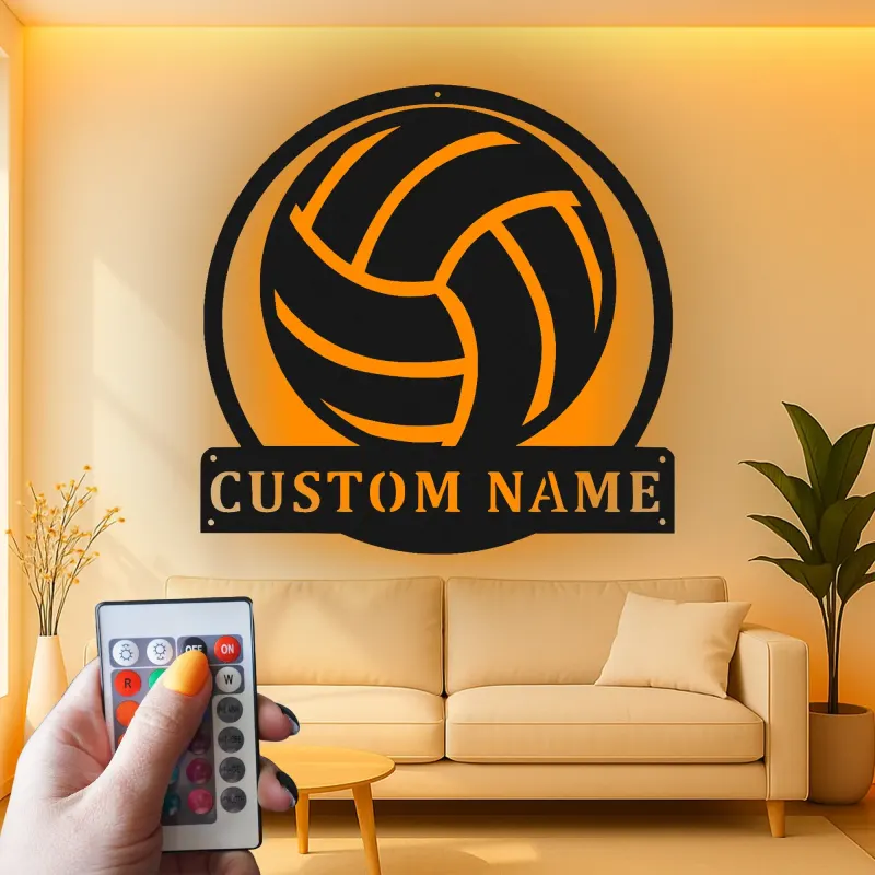 Personalisierte Metall-Wandkunst mit Volleyball und LED-Beleuchtung – Geschenk für Volleyballspieler, Dekoration für Spielzimmer oder Sportbereich