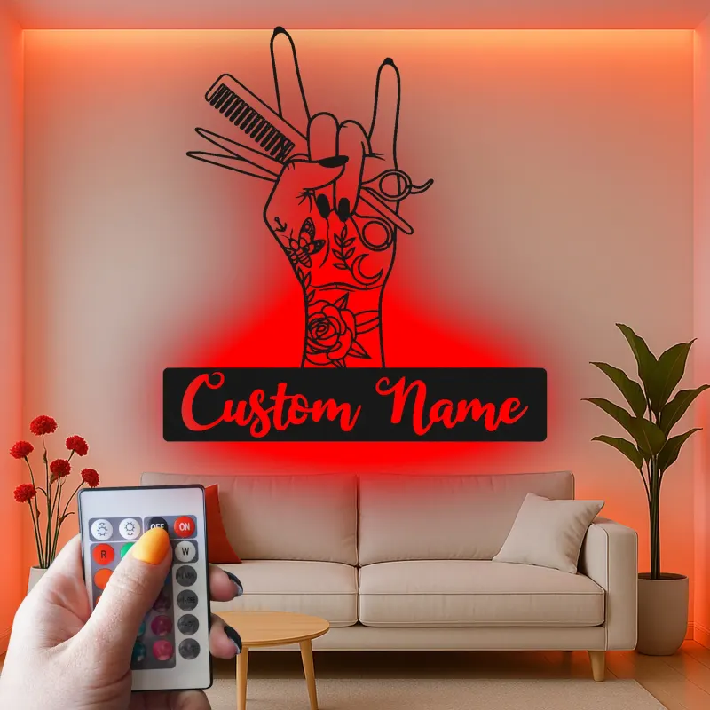 Enseigne LED en métal pour coiffeur | Décoration murale de salon personnalisée | Art sur mesure pour barber shop | Plaque nominative inspirée du tatouage