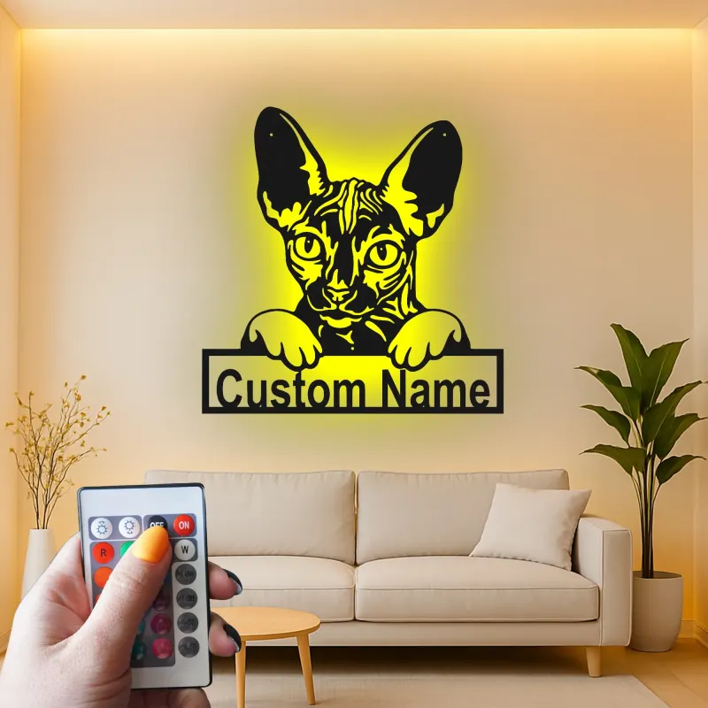 Insegna Personalizzata per Gatto Sphynx | Arte in Metallo LED da Parete Personalizzata | Regalo per Amanti dei Gatti Senza Pelo | Decorazione Moderna per Casa e Clinica Veterinaria