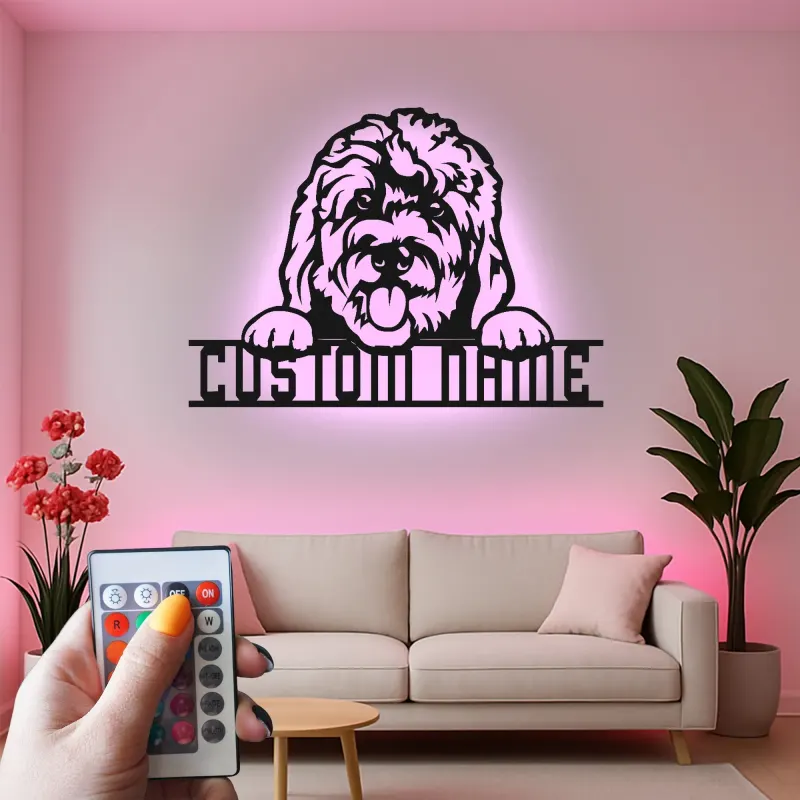 Cartel de metal LED personalizado de perro, regalo para amantes de las mascotas, decoración para salón o entrada 4
