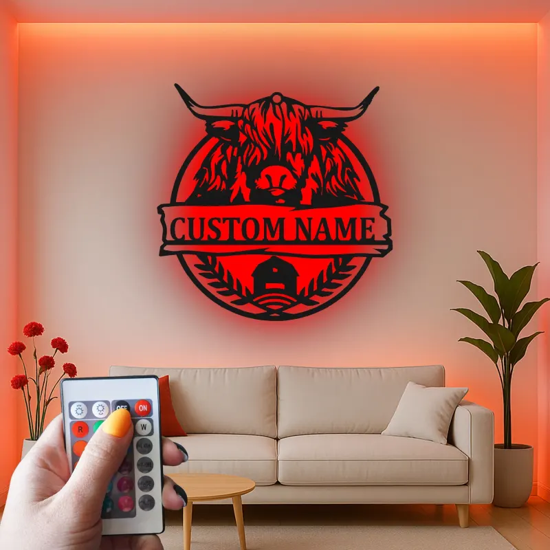 Highland Cow Metal Sign with LED | Personalized Farmhouse Wall Art | Custom Rustic Ranch Decor & Family Name Gift